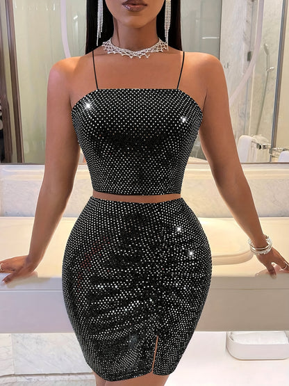 Spring and Summer Two-piece Set  with Round Sequins, Off-Shoulder Strap Top + Wrinkle Pleated Side Split Asymmetric High Elastic Hip-Hugging Skirt