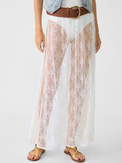 Elegant Sheer Lace Mesh Maxi Skirt - High-Waisted Highwaisted Skirt