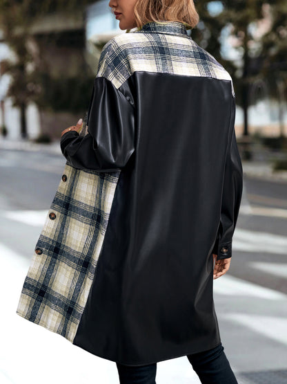 Women's Plaid Patchwork Print  Drop Shoulder Long SleeveButton Front PU Leather Coat