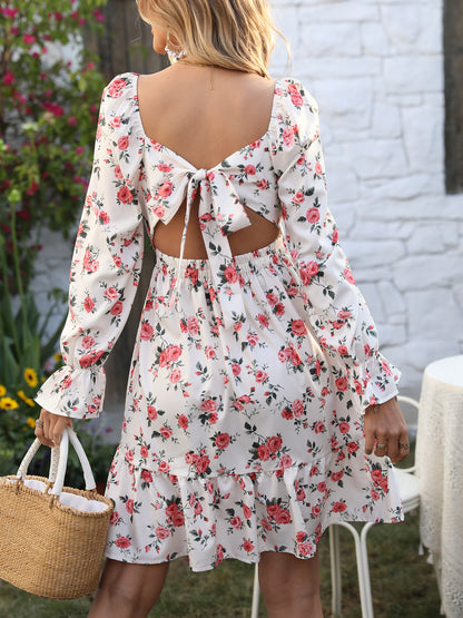 Elegant Floral Print Dress with Square Neckline and Tie-Back Detail - Long Sleeve, Ruffle Hem