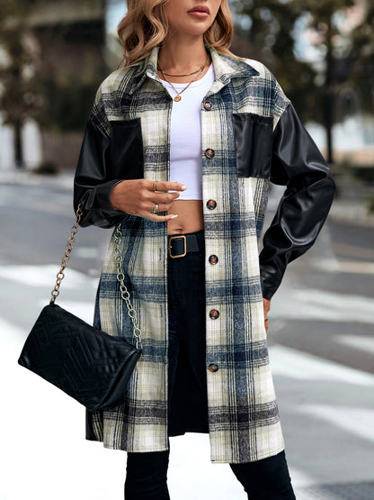 Women's Plaid Patchwork Print  Drop Shoulder Long SleeveButton Front PU Leather Coat