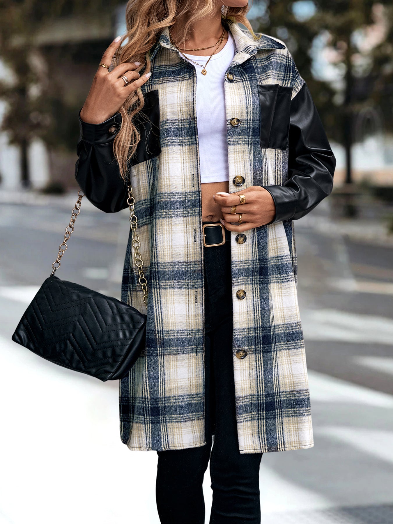 Women's Plaid Patchwork Print  Drop Shoulder Long SleeveButton Front PU Leather Coat