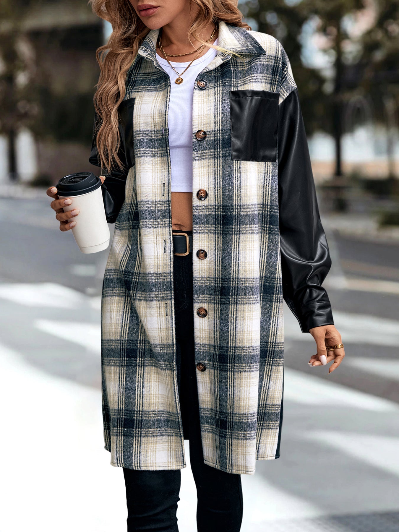 Women's Plaid Patchwork Print  Drop Shoulder Long SleeveButton Front PU Leather Coat