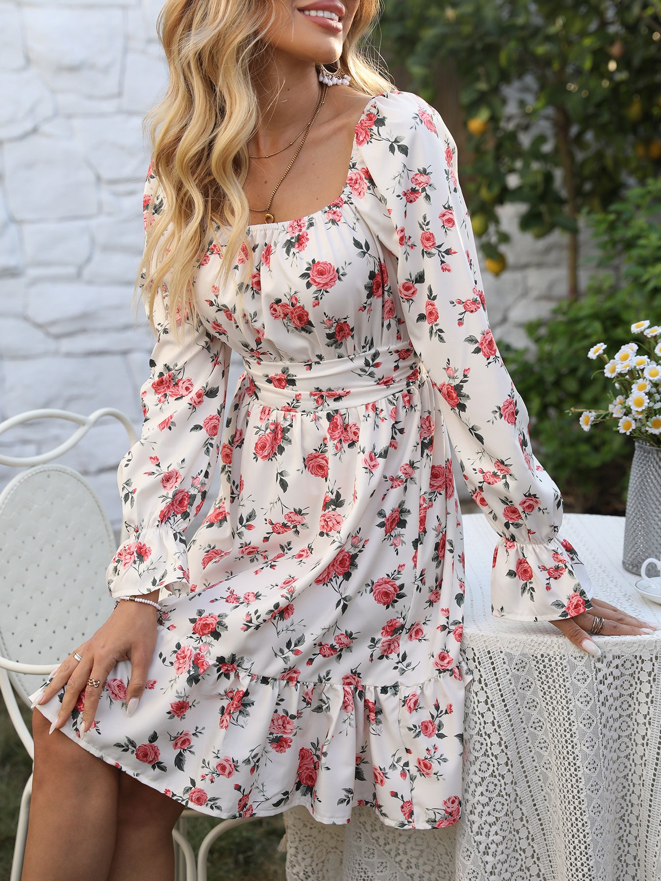 Elegant Floral Print Dress with Square Neckline and Tie-Back Detail - Long Sleeve, Ruffle Hem