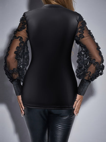 Elegant Black & Mesh Lantern Sleeve Top - Slim Fit Mock Neck Blouse