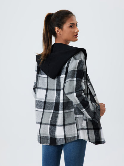 Women's Plaid Print Button Front Drawstring Hooded Coat, Casual Long Sleeve Pocket Outerwear for Fall & Winter, Women's Clothes for Daily Wear