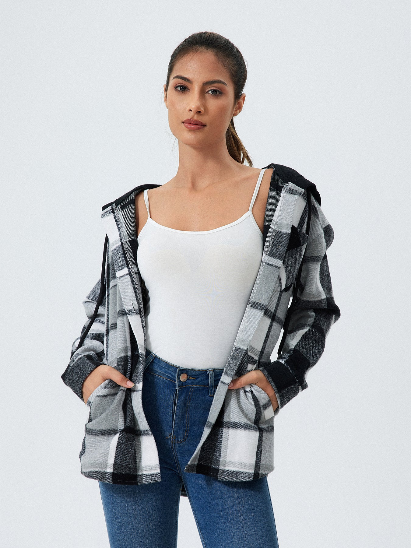 Women's Plaid Print Button Front Drawstring Hooded Coat, Casual Long Sleeve Pocket Outerwear for Fall & Winter, Women's Clothes for Daily Wear