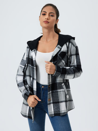 Women's Plaid Print Button Front Drawstring Hooded Coat, Casual Long Sleeve Pocket Outerwear for Fall & Winter, Women's Clothes for Daily Wear