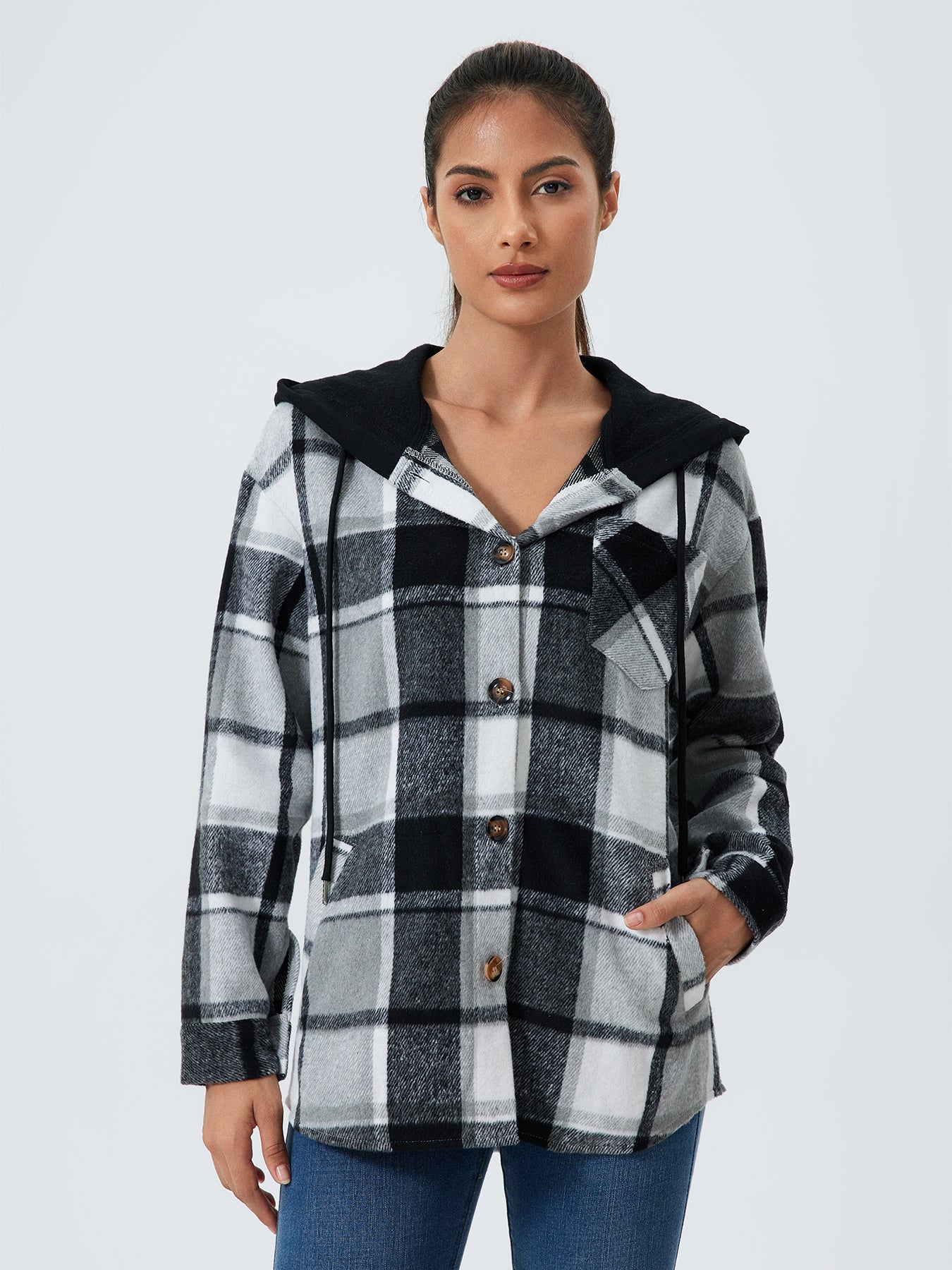 Women's Plaid Print Button Front Drawstring Hooded Coat, Casual Long Sleeve Pocket Outerwear for Fall & Winter, Women's Clothes for Daily Wear