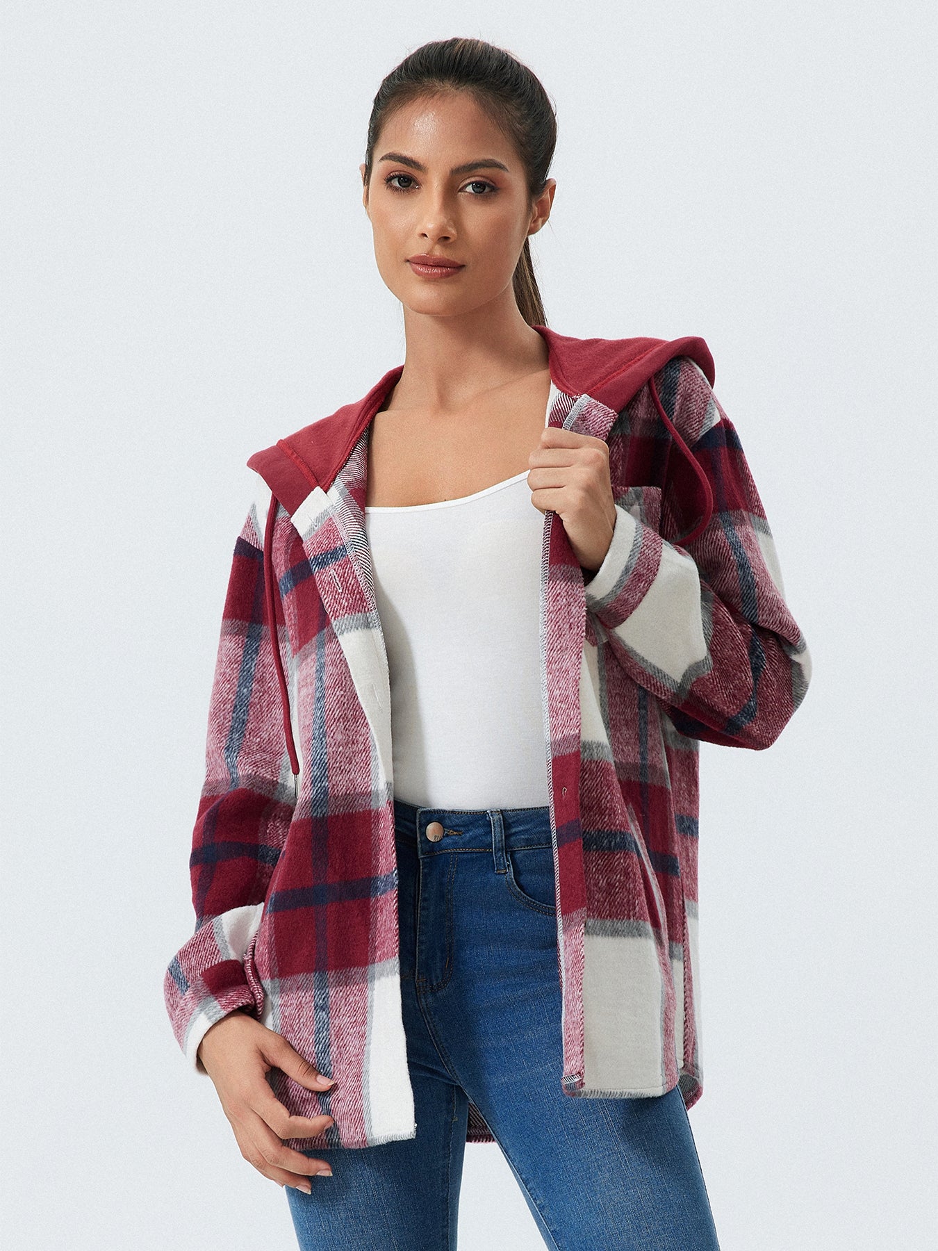 Women's Plaid Print Button Front Drawstring Hooded Coat, Casual Long Sleeve Pocket Outerwear for Fall & Winter, Women's Clothes for Daily Wear