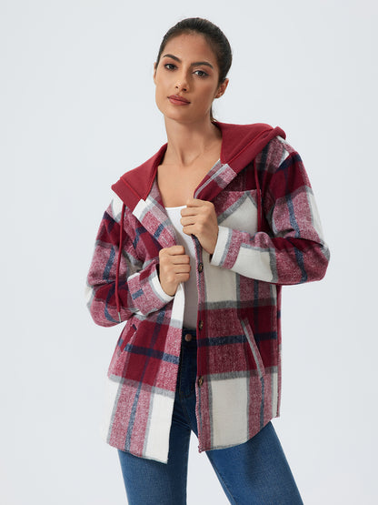 Women's Plaid Print Button Front Drawstring Hooded Coat, Casual Long Sleeve Pocket Outerwear for Fall & Winter, Women's Clothes for Daily Wear