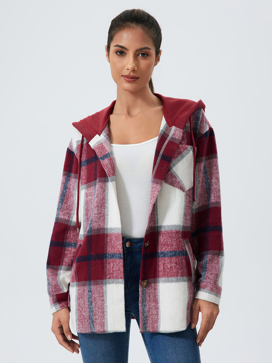 Women's Plaid Print Button Front Drawstring Hooded Coat, Casual Long Sleeve Pocket Outerwear for Fall & Winter, Women's Clothes for Daily Wear