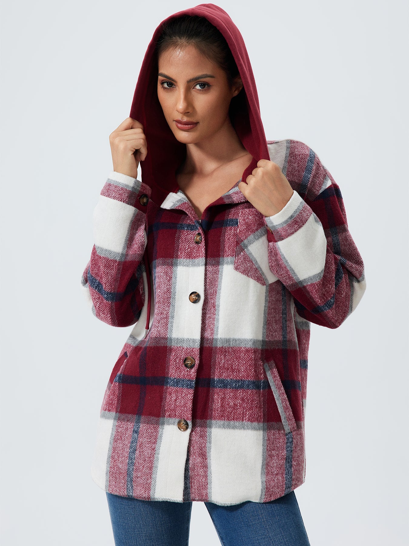 Women's Plaid Print Button Front Drawstring Hooded Coat, Casual Long Sleeve Pocket Outerwear for Fall & Winter, Women's Clothes for Daily Wear