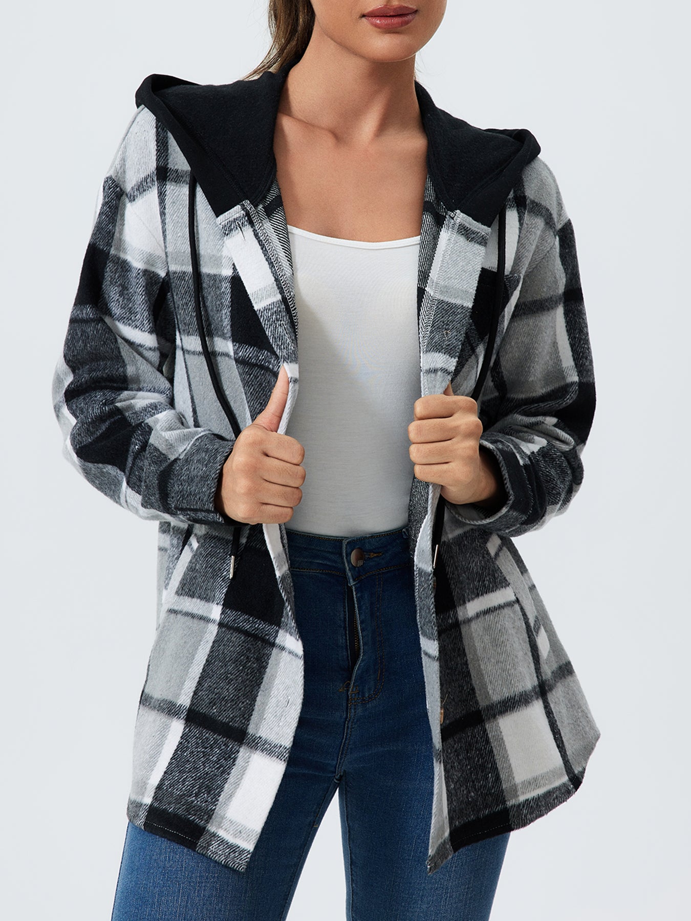 Women's Plaid Print Button Front Drawstring Hooded Coat, Casual Long Sleeve Pocket Outerwear for Fall & Winter, Women's Clothes for Daily Wear