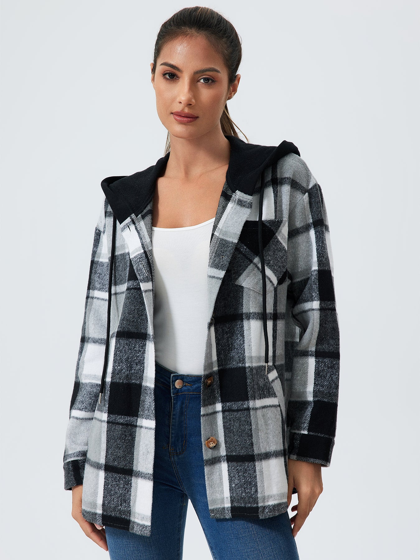 Women's Plaid Print Button Front Drawstring Hooded Coat, Casual Long Sleeve Pocket Outerwear for Fall & Winter, Women's Clothes for Daily Wear