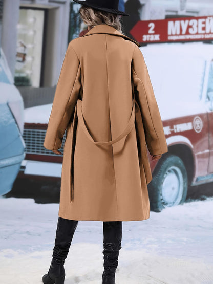 Women's Solid Double Button Belted Overcoat, Elegant Fashion Long Coat