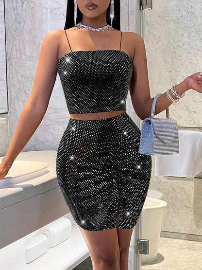 Spring and Summer Two-piece Set  with Round Sequins, Off-Shoulder Strap Top + Wrinkle Pleated Side Split Asymmetric High Elastic Hip-Hugging Skirt