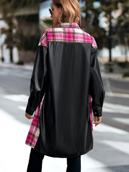 Women's Plaid Patchwork Print  Drop Shoulder Long SleeveButton Front PU Leather Coat