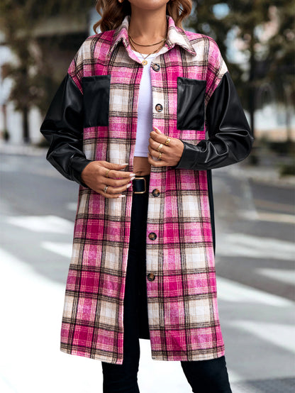 Women's Plaid Patchwork Print  Drop Shoulder Long SleeveButton Front PU Leather Coat