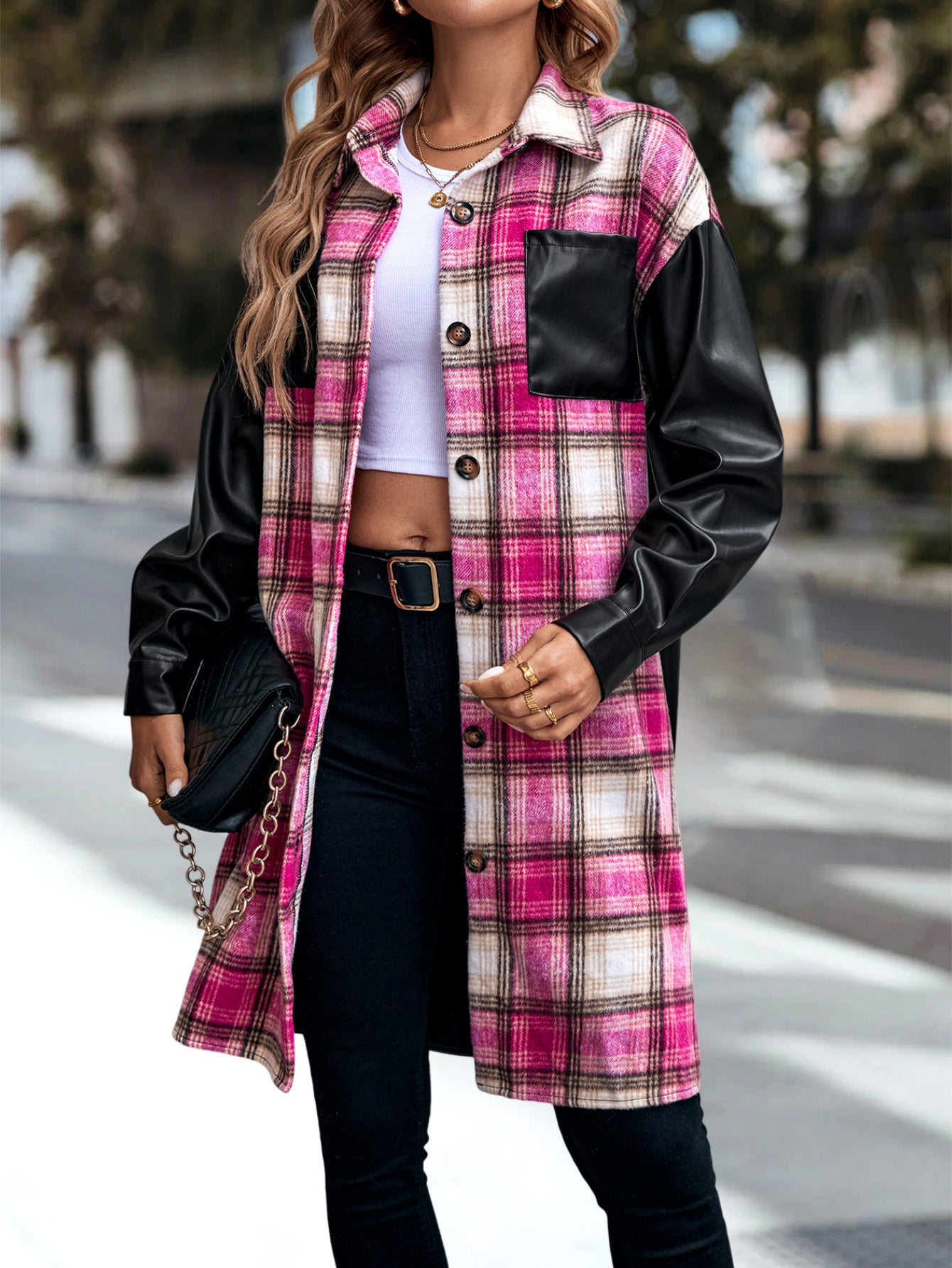 Women's Plaid Patchwork Print  Drop Shoulder Long SleeveButton Front PU Leather Coat