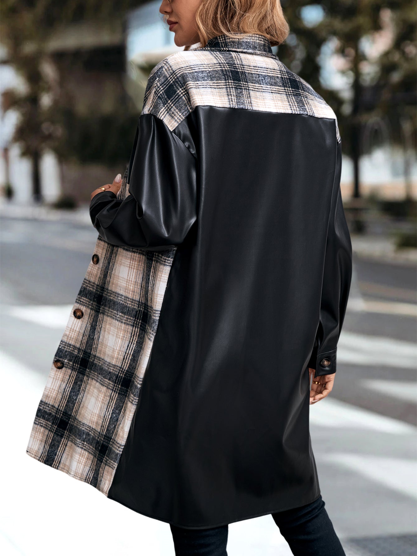 Women's Plaid Patchwork Print  Drop Shoulder Long SleeveButton Front PU Leather Coat