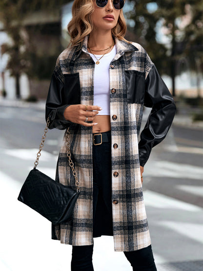 Women's Plaid Patchwork Print  Drop Shoulder Long SleeveButton Front PU Leather Coat