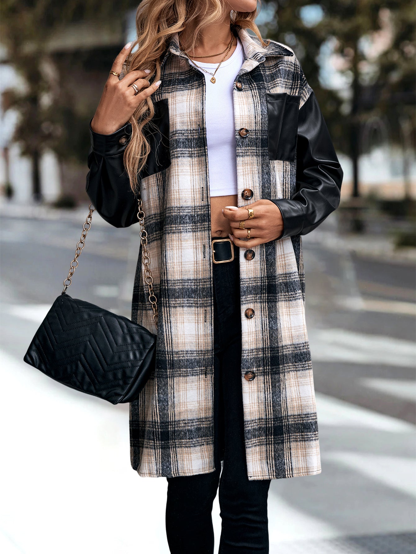 Women's Plaid Patchwork Print  Drop Shoulder Long SleeveButton Front PU Leather Coat