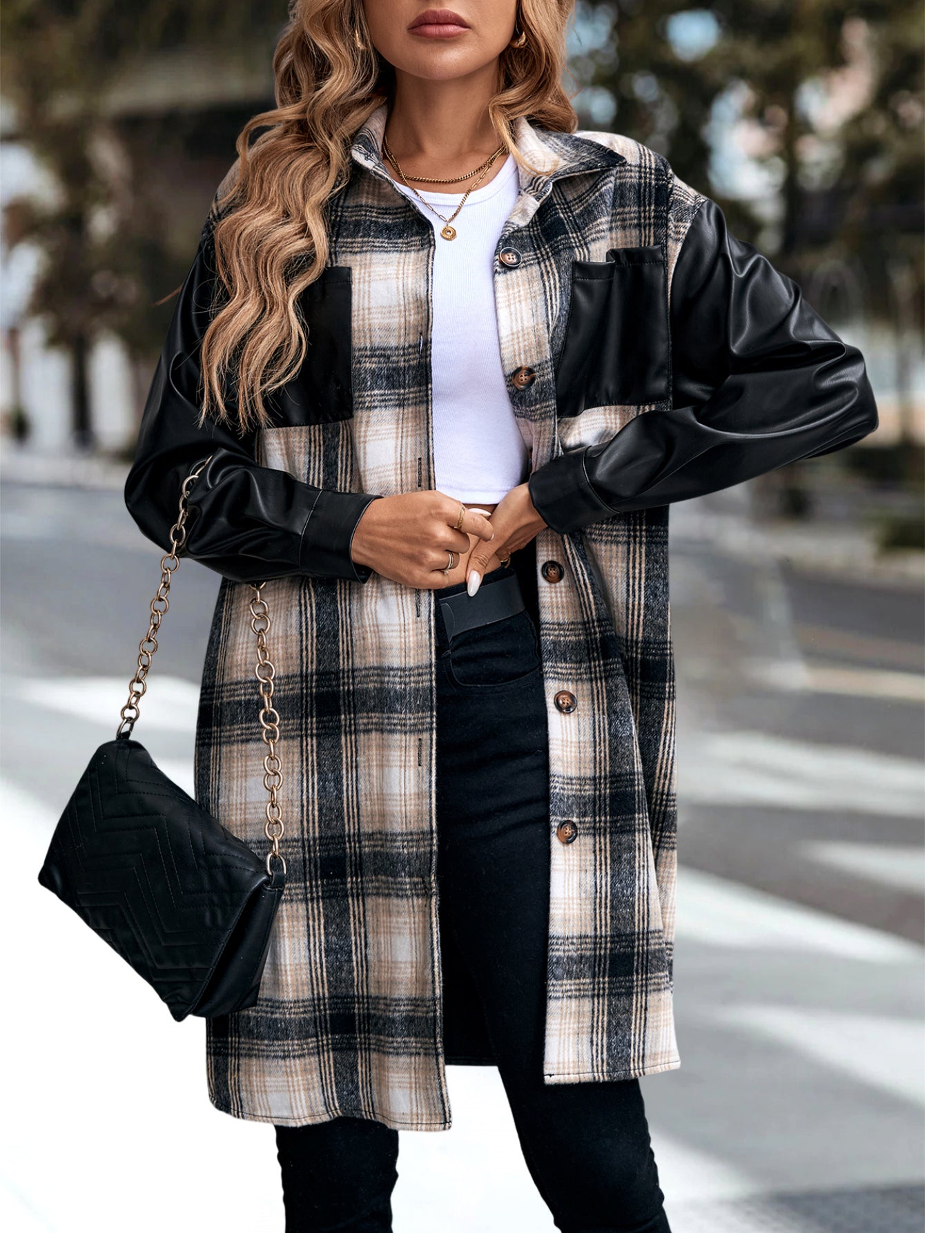 Women's Plaid Patchwork Print  Drop Shoulder Long SleeveButton Front PU Leather Coat