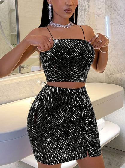 Spring and Summer Two-piece Set  with Round Sequins, Off-Shoulder Strap Top + Wrinkle Pleated Side Split Asymmetric High Elastic Hip-Hugging Skirt