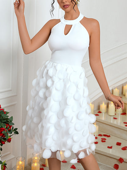 Elegant White Mesh Overlay Dress - Sleeveless Halter Neck with Keyhole Back, Stretch Waist Cinching Halter Neck Dress